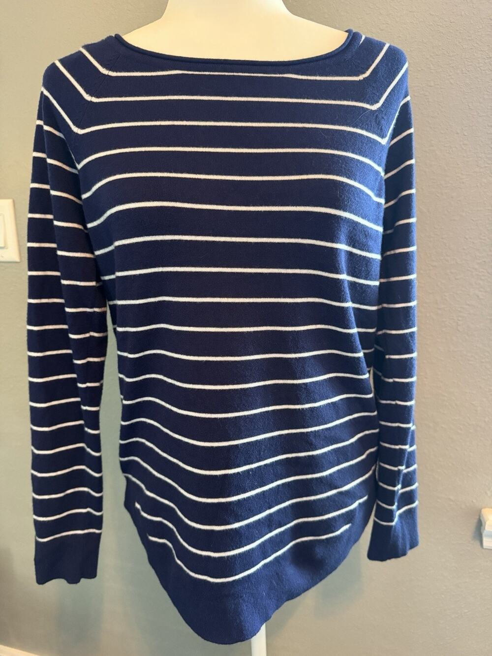 Pink Clover Blue White Striped Boat Neck Long Sleeve Pullover Sweater Size Small